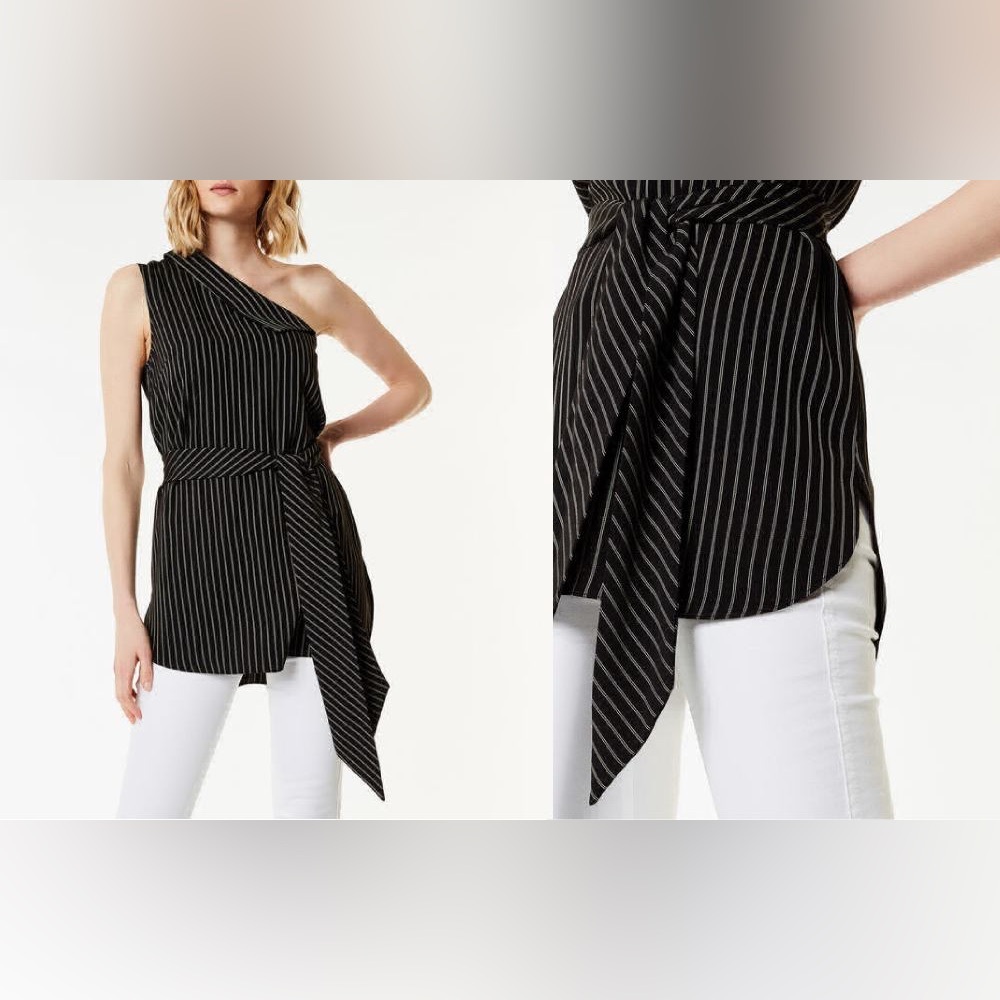 KAREN MILLEN Pinstriped One Shoulder Top size 2 34 EXCELLENT
